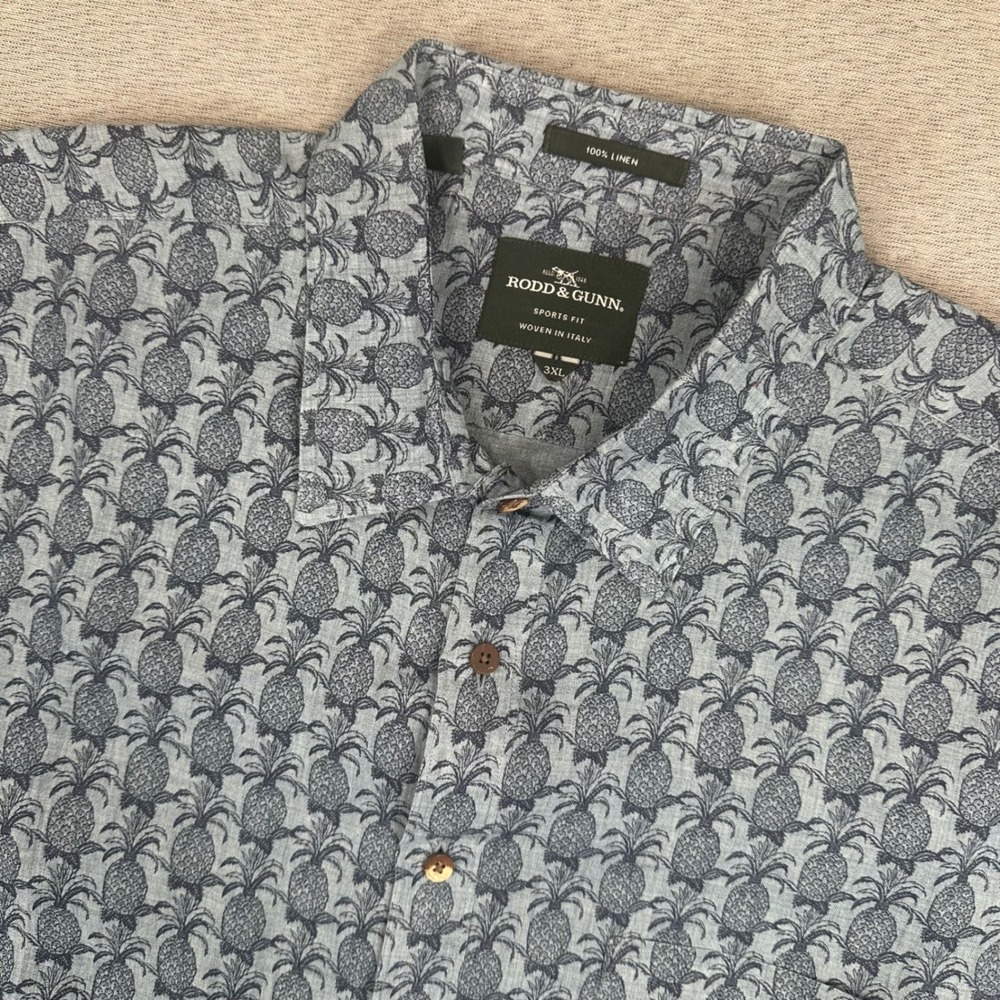Rodd & Gunn Linen Shirt Mens 3XL Blue Pineapple AOP Button Down Woven in Italy